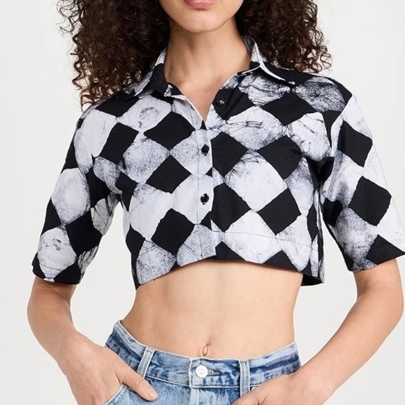 Studio 189 Cotton Cropped Camp Checkered Button Up Shirt In Black White Size S - Picture 2 of 7